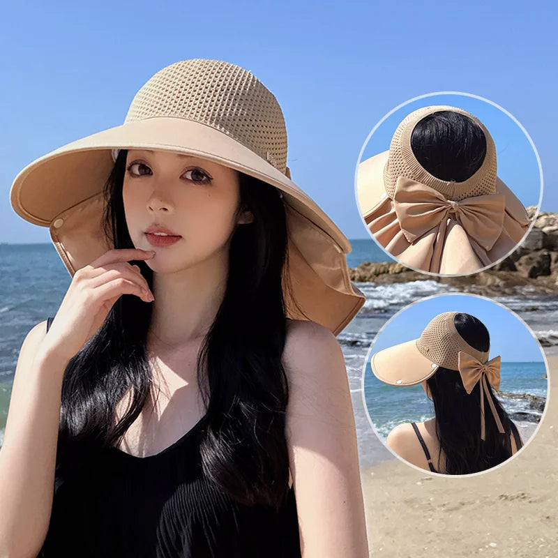 8487Summer large brimmed sun hat women's outdoor outing sun hat removable shawl neck protector empty fisherman hat