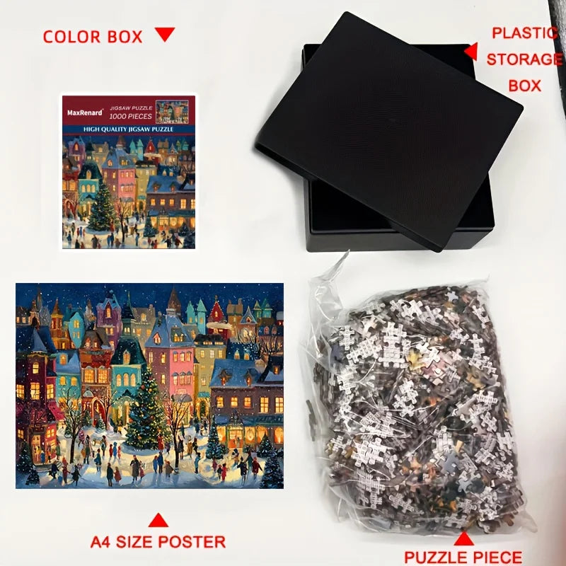 1000pcs Christmas Jigsaw Puzzle 15x10 Inch Winter Scene Snowy Street Christmas Challenge Puzzle for Adult Perfect Christmas Gift