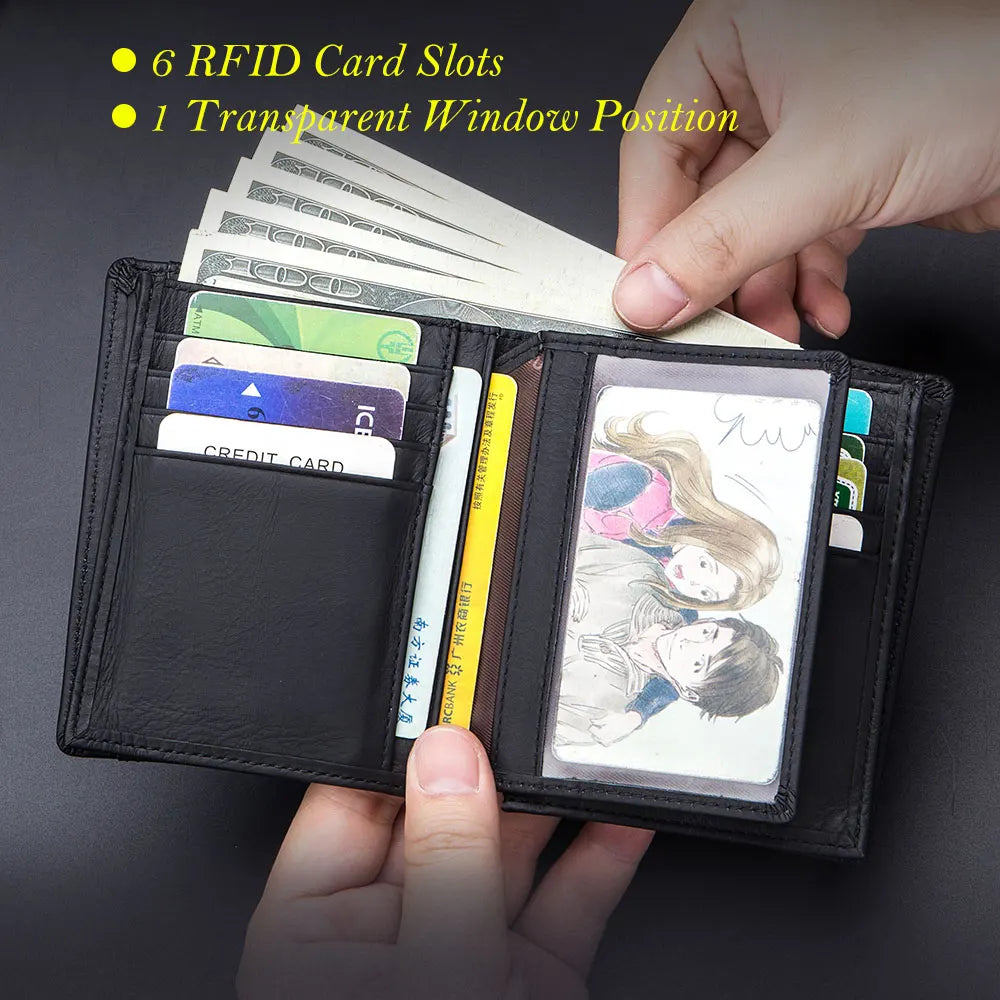 Bullcaptain Genuine New RFID Men's Wallet Compact Mini Card Holder Large Capacity Card Wallets Genuine Leather Wallet Purse Man
