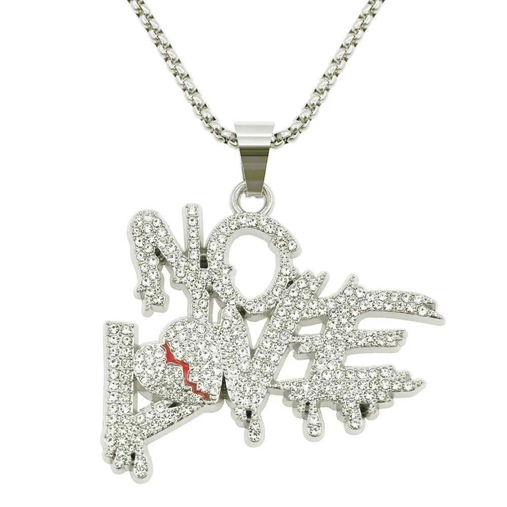 Hip Hop Iced Out Bling Crystal Cuban Chains NO LOVE Necklace Pendants For Men and Women Heart Broke Statement Necklaces Jewelry