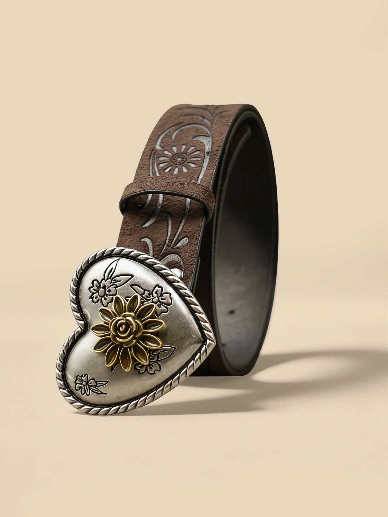 Heart Flower Metal Buckle Belt Brown Embossed Women's Retro Waistband Fashion Decorative Belt
