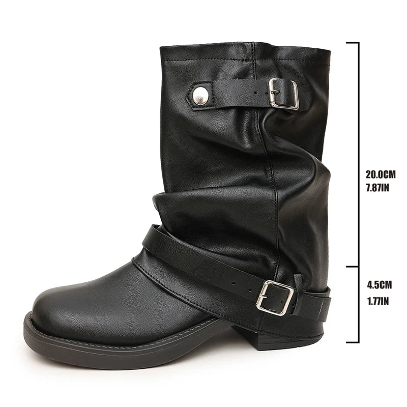Fashion Buckle Black Pu Leather Ankle Boots Women Slip On Thick Heels Punk Motorcycle Boots Woman Plus Size 42 Slouchy Botas