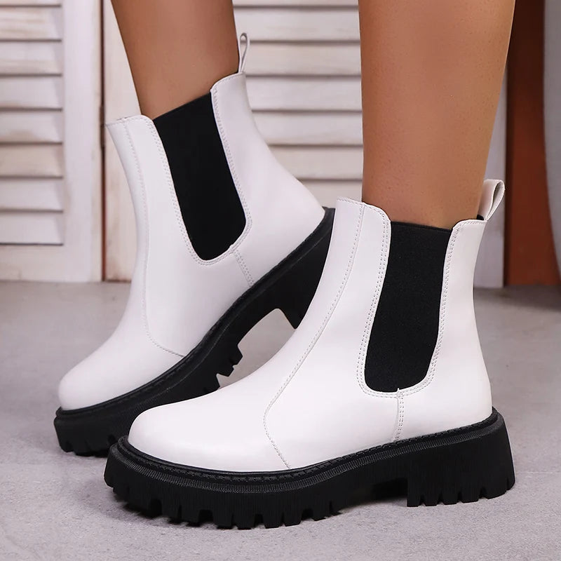 Black Pu Leather Platform Chelsea Boots Women Fashion Elastic Band Thick Sole Ankle Boots Woman Plus Size 42 Short Booties Mujer