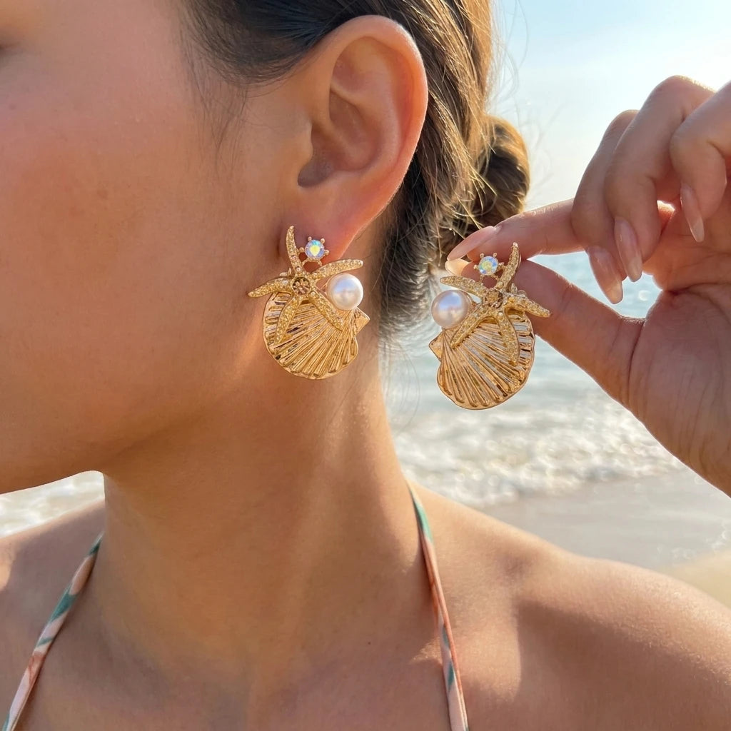 Mermaidcore Statement Gold Ocean Jewelry Set Women Chunky Starfish Shell Coral Pearl Crystal Necklace Bracelet Earrings Resort G