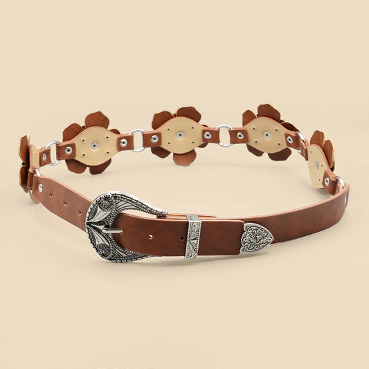 Brown Vintage Engraved Women's Belt - Floral Decorated Casual Waistband for Daily Wear, Dates & Leisure Outfits