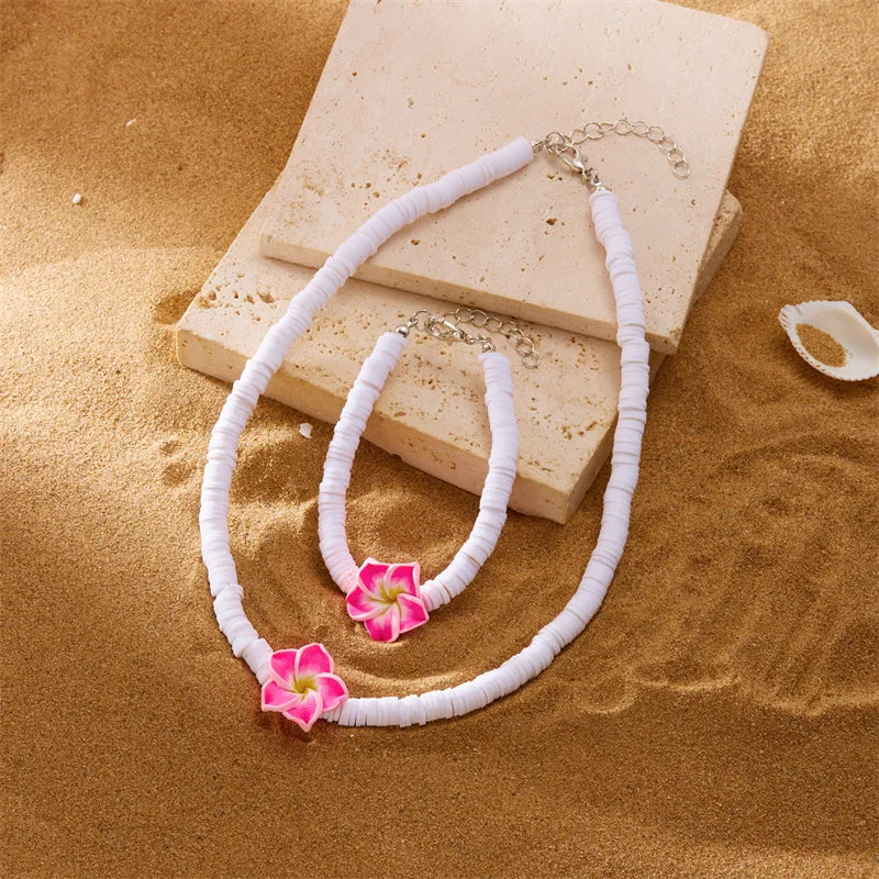 Bohemia Polymer Clay Beaded Flower Necklace for Women Handmade Woven Rope Chain Choker Necklace Summer Beach Jewelry Accessories
