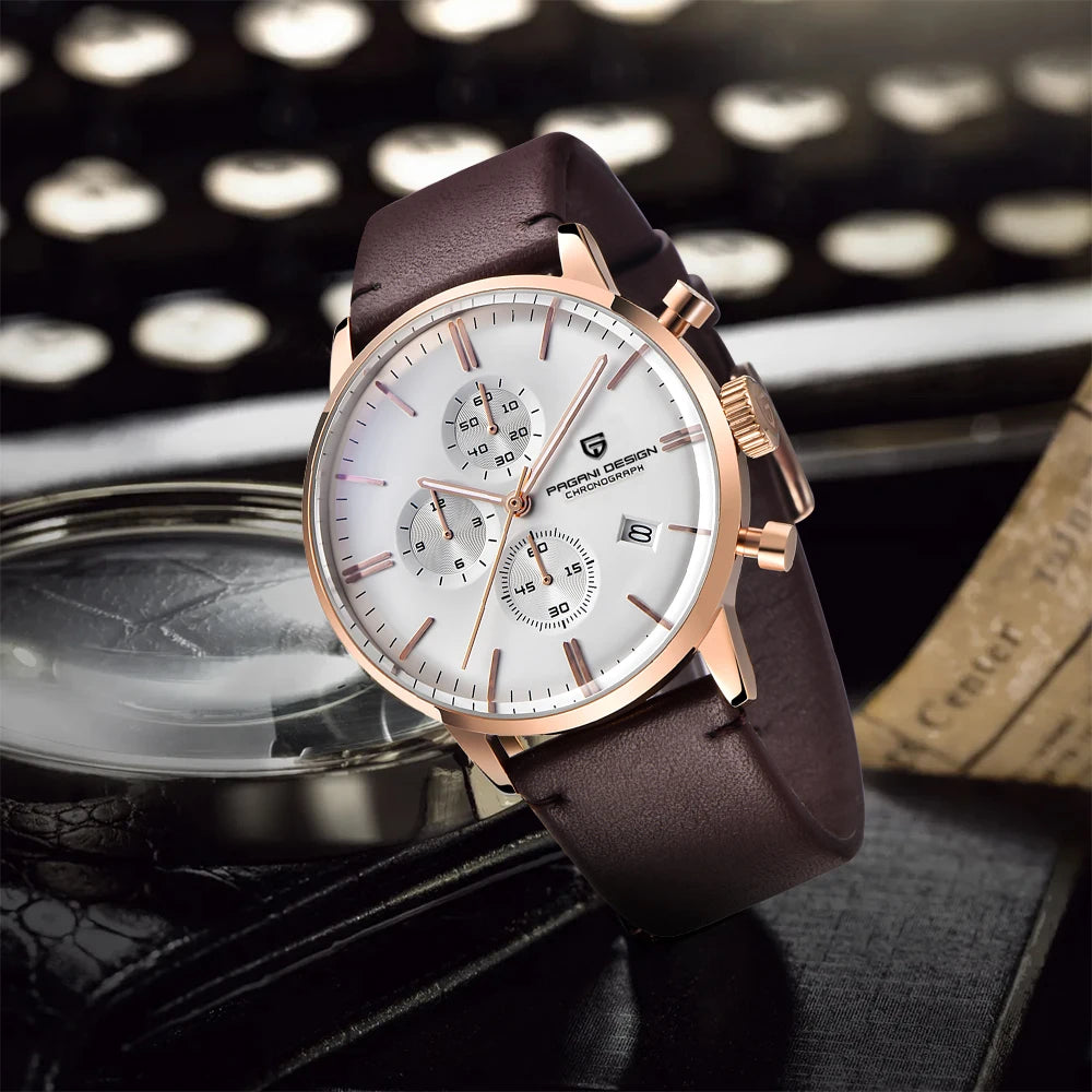 PAGANI Men' Waterproof Watches 30m Luxury Rose Leather Quartz Chronograph Watch