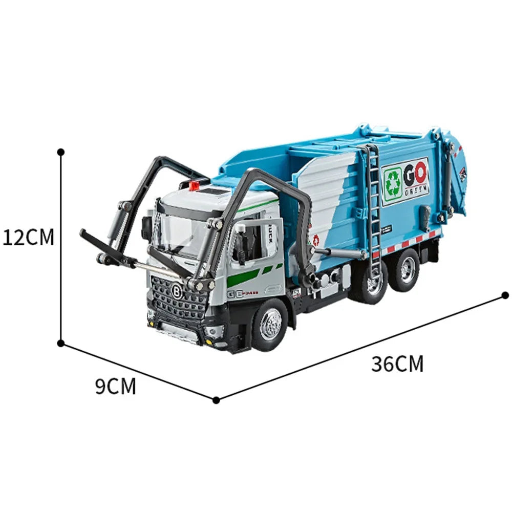 1:18 Alloy Electric City Sanitation Vehicle Hook Truck Toys Car Diecast Model Front End Doors Opened Sound Light Children's Gift