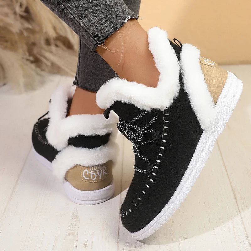Red Thick Plush Lace Up Snow Boots Women Plus Size 43 Non Slip Sole Cotton Shoes Woman Comfortable Warm Fluffy Winter Boots