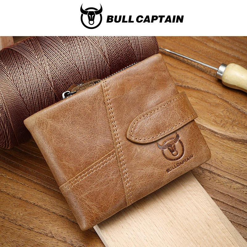 BULLCAPTAIN Leather Wallet With RFID Wallets Card Holder Coin Purse Zipper Men Short wallet's Fashion Men Walletes Coffee 01H