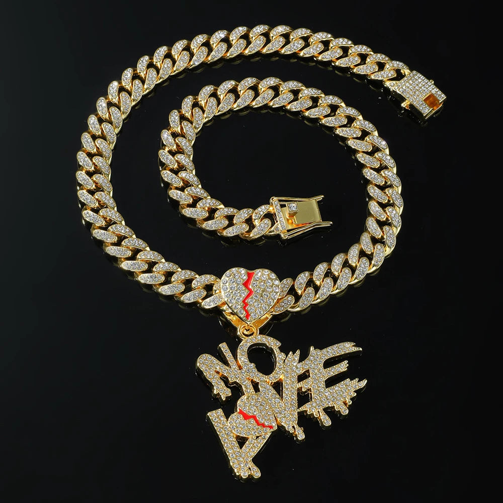 Hip Hop Iced Out Bling Crystal Cuban Chains NO LOVE Necklace Pendants For Men and Women Heart Broke Statement Necklaces Jewelry