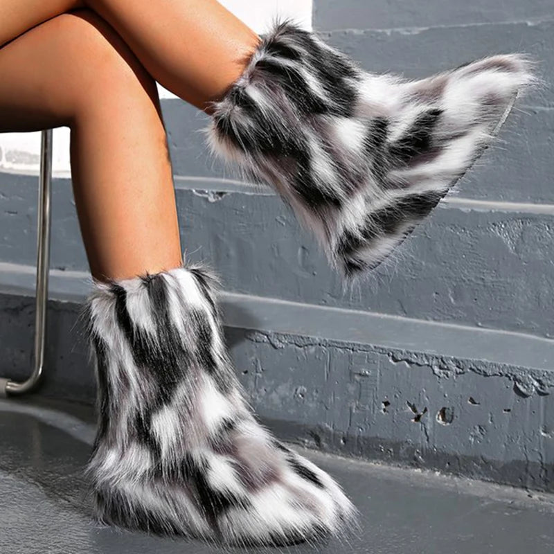 Y2K Mix Color Snow Boots for Women Soft Faux Fur Warm Snow Boots Woman Winter Plus Size 44 Non Slip Plush Booties Ladies