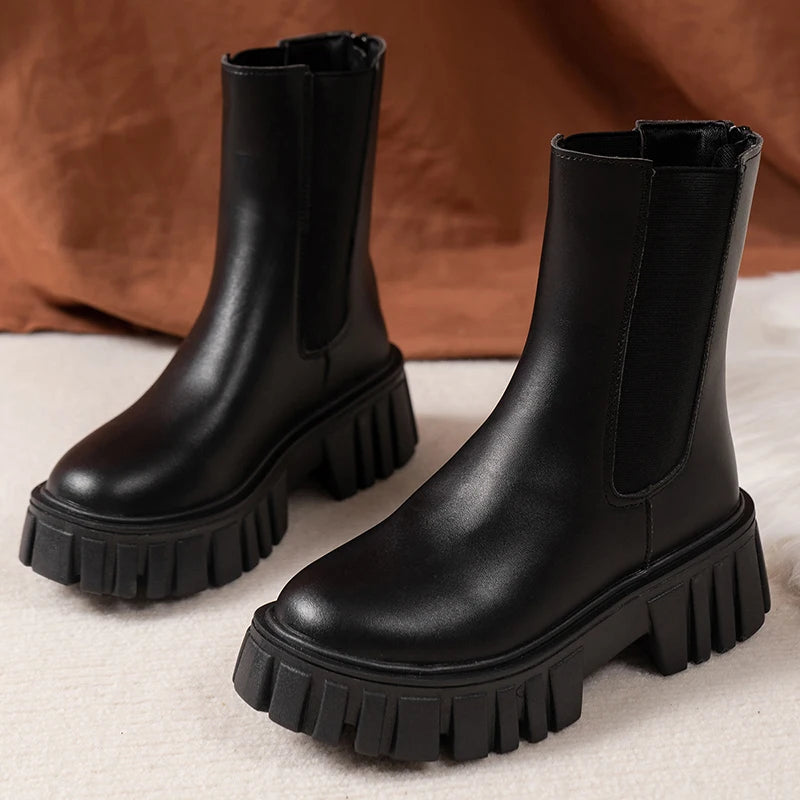 British Style Chunky Platform Ankle Boots Women Plus Size 42 Black Pu Leather Chelsea Boots Woman Zip Thick Sole Short Booties