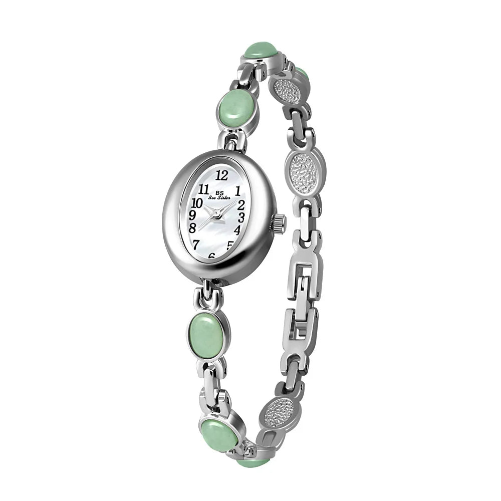 High-end Luxury Woman Watch Natural Jade Gold Bracelet Fashionable Retro Oval Quartz Ladies Dress Watches Small Dial Gold Silver