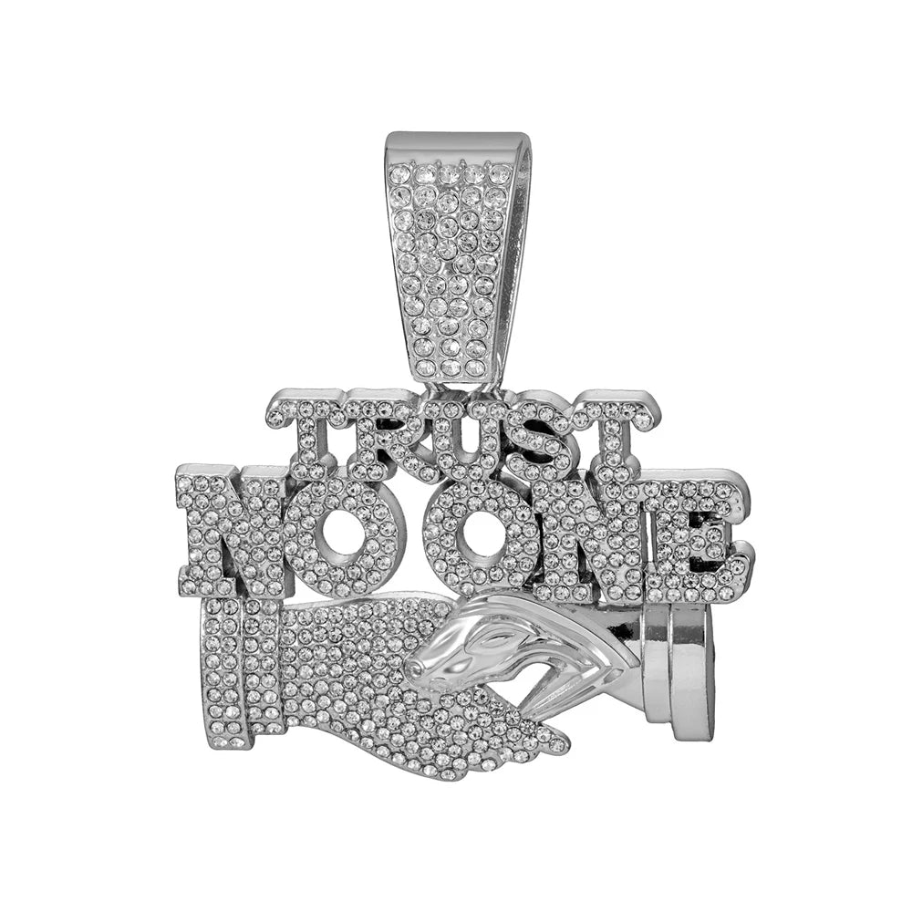 Men's Hip Hop Trust NO One Letters Pendant Necklace with 13mm Cuban Chain Ice Crystal Sparkling Handshake Necklace Jewelry Gifts