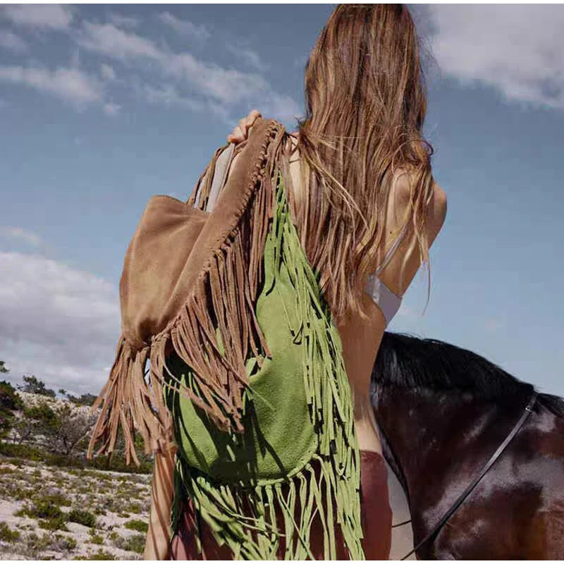 Retro Tassel Women Armpit Bag Suede Design Dumpling Shoulder Bag Western Cowboy