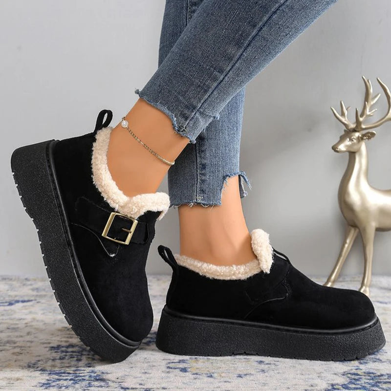 Winter Soft Faux Suede Furry Snow Boots Woman Adjustable Buckle Ankle Boots Women Solid Color Platform Warm Booties Mujer