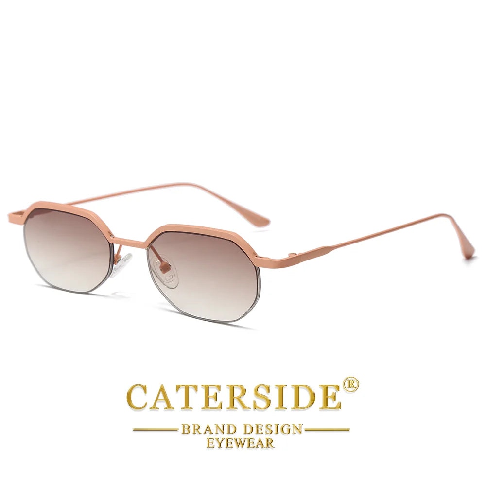 CATERSIDE Retro Polygon Sunglasses Men Metal Semi Rimless Sun Glasses Uv400 Women Outdoor Protection Driving Decorative Eyewear