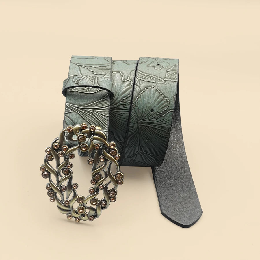 Deep Green Leaf Pattern Printed Women's Belt Vine Pattern Buckle Retro Casual Belt Jeans Dress Decoration