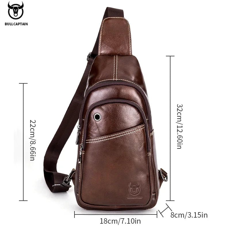 BULLCAPTAIN Men's Genuine Leather Chest Bag Multifunctional 8-inch Large Capacity Tablet Bag Retro Single Room Crossbody Bag