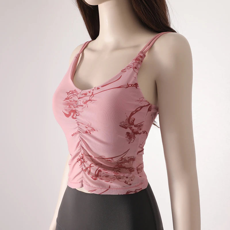 Women's Beauty Back Yoga Bra Sling Fixed One-Piece Chest Pad Sports Underwear Printed Pleated Navel Fitness Tops