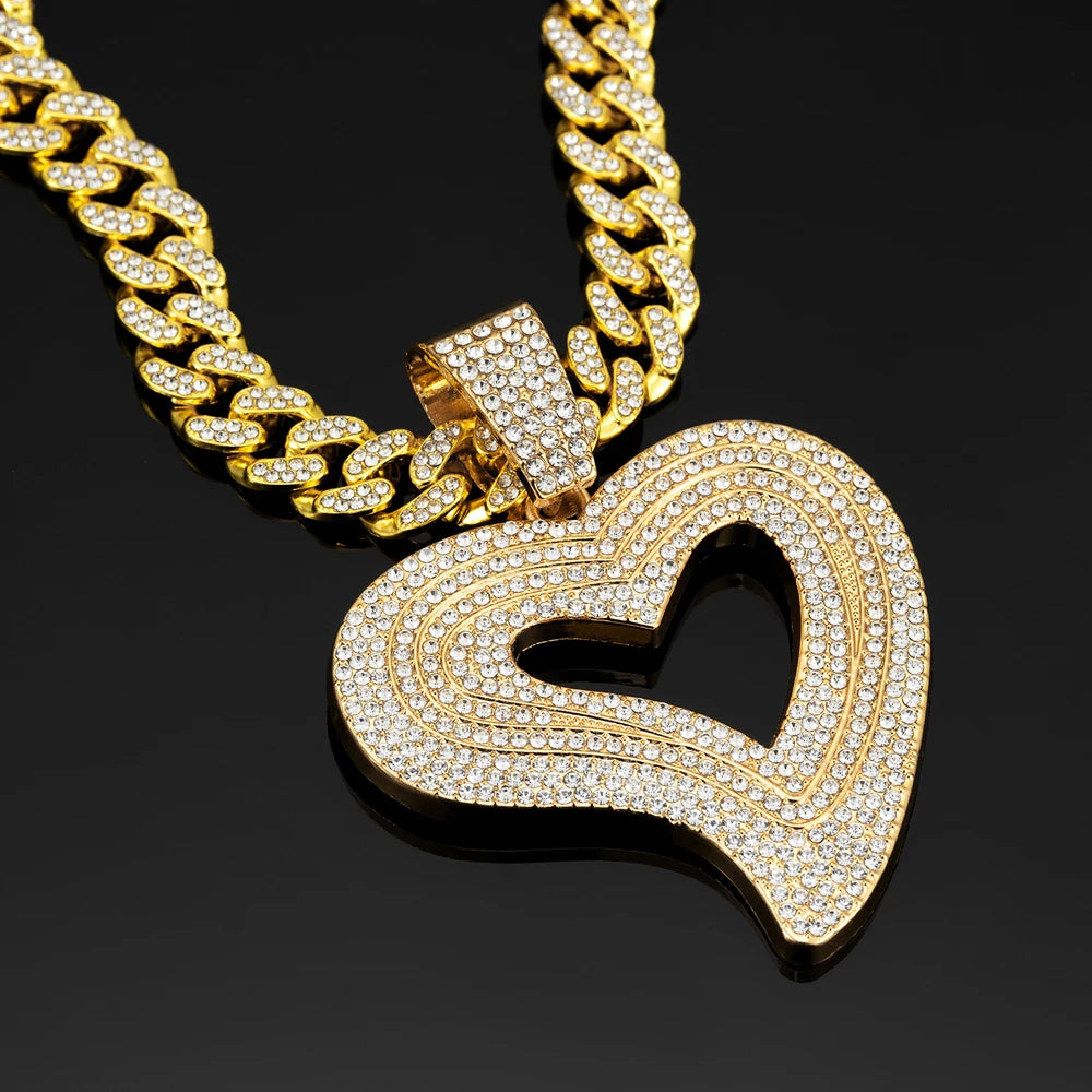 Factory New 13MM Miami Cuban Chain Irregular Love Heart Pendant Necklaces ,Hip-Hop Style Couple For Daily Wear By Men And Women