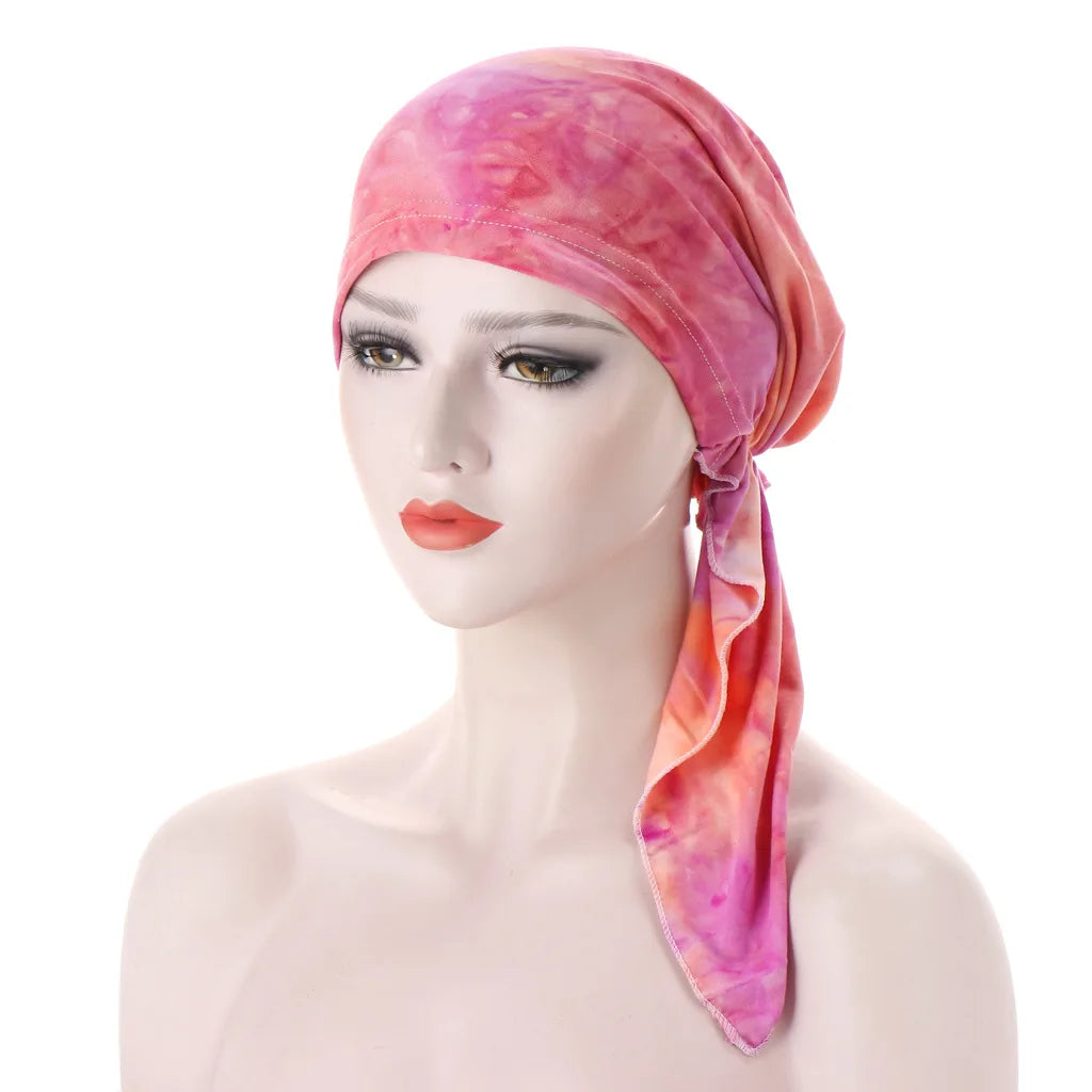 Trendy Print Women Muslim Hijab Caps Wrap Head Soft Elastic Long Tail Turban Bonnet Fashion Headdress Wearable