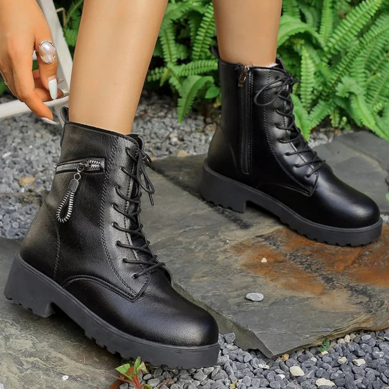 Black Pu Leather Modern Boots for Women Autumn Winter Lace Up Platform Ankle Boots Woman Zipper Short Plush Booties Female