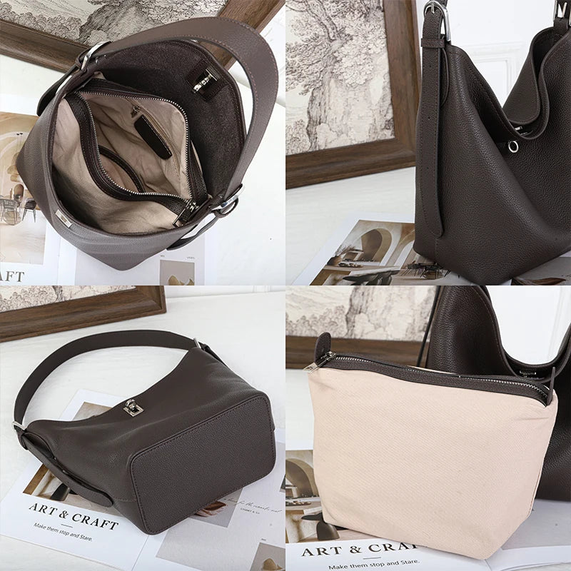 Women's Cowhide Genuine Leather Tote Bag, Fashion Large Capacity Shoulder Bag,Trendy Versatile All-match Commuting Hobo Bag