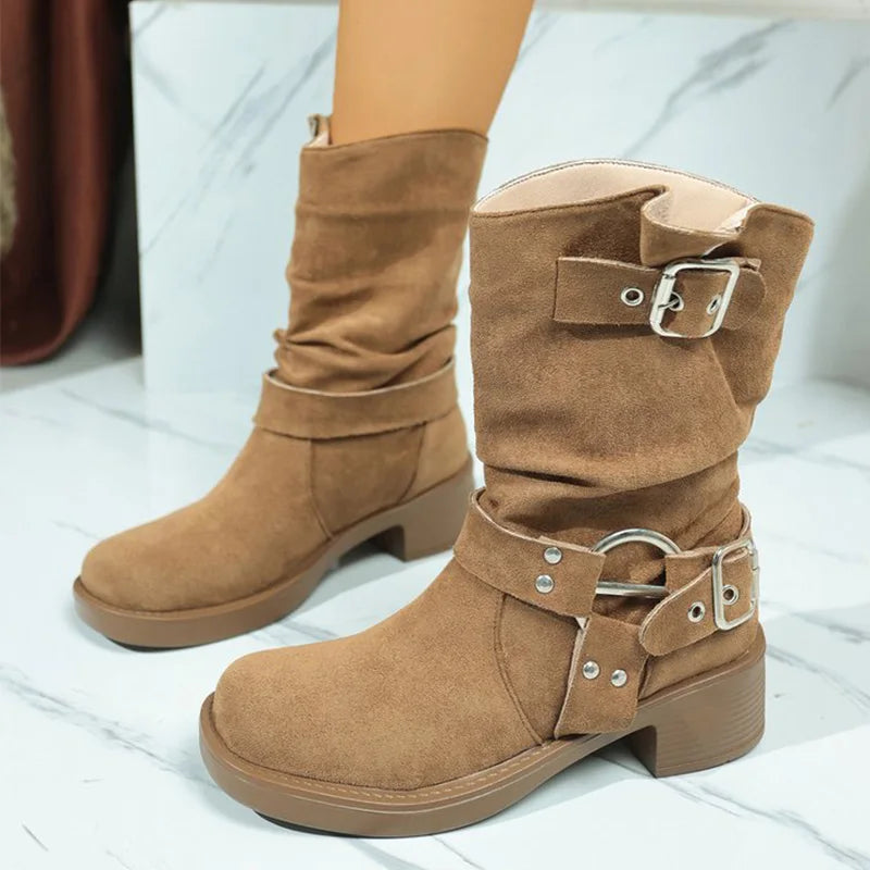 Khaki Faux Suede Boots for Women Autumn Winter Street Style Buckle Strap Decoration Ankle Boots Woman Rivet Platform Botas Lady