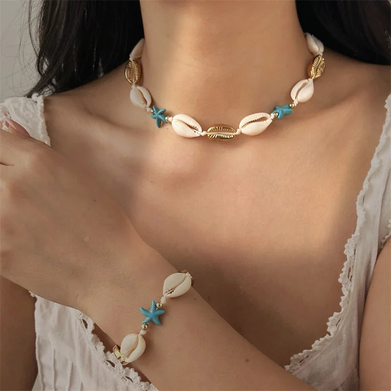 Bohemian Starfish Shell Charms Bracelet Necklace Set For Women Summer Beach Hand Woven Rope Necklace Vacation Party Jewelry Gift