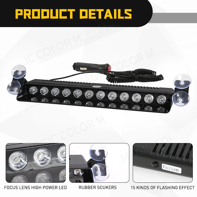 12 LED Car Strobe Lights Emergency Car Flash Parking Signal Warning Lamp Windshield Red/Blue/Yellow/White Waterproof 12V 12W