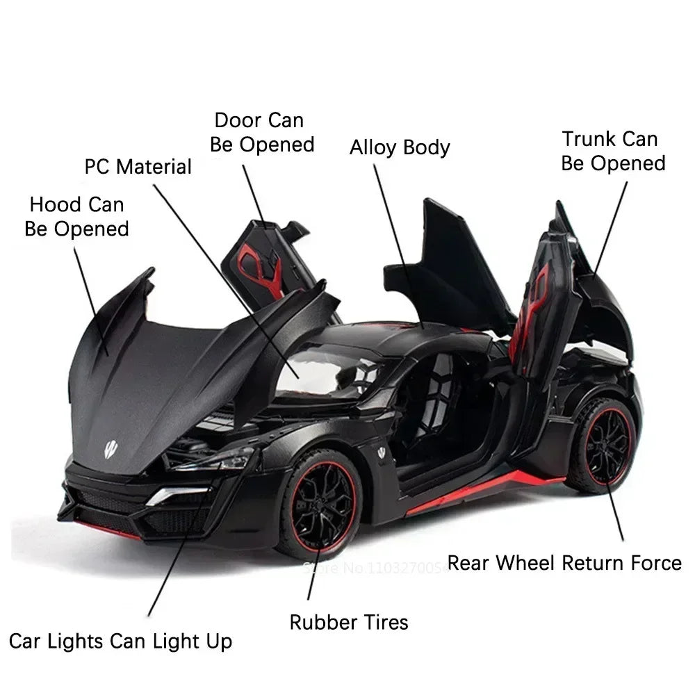 1:24 LYKAN SUPERCAR SRT Hellcat Model Toys Car Diecast Alloy Vehicle Doors Opened Sound Light Pull Back Rubber Tire Toy Gift Kid