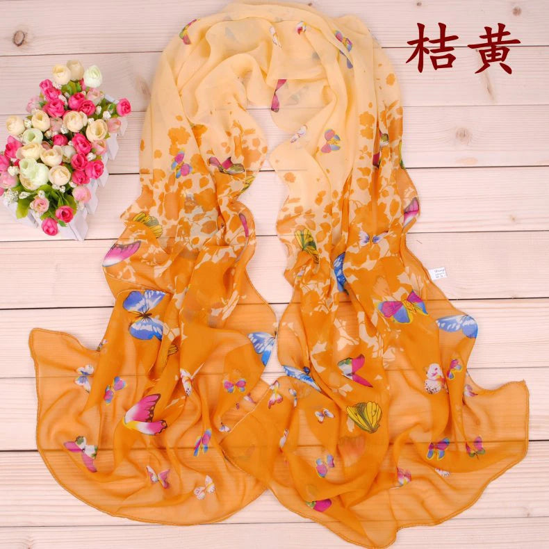 New Yiwu Colorful Little Butterfly Women's Printed Chiffon Long Scarves Wholesale Spring and Summer Printed Scarves