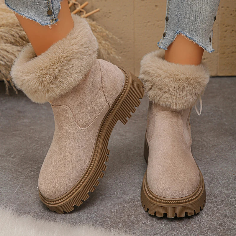 Fluffy Fleece Lined Platform Ankle Boots Women Plus Size 42 Faux Fur Snow Boots Woman Comfy Thick Sole Flock Winter Botas Mujer