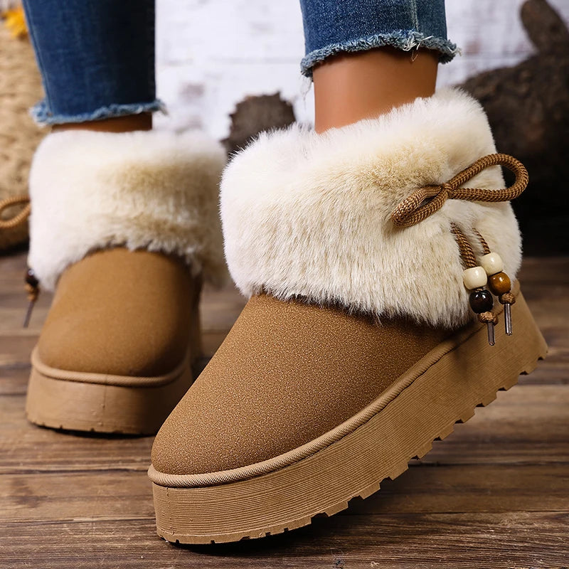 Thick Platform Faux Fur Snow Boots Women Bow Thicken Plush Winter Ankle Boots Woman Plus Size 43 Non Slip Warm Cotton Shoes