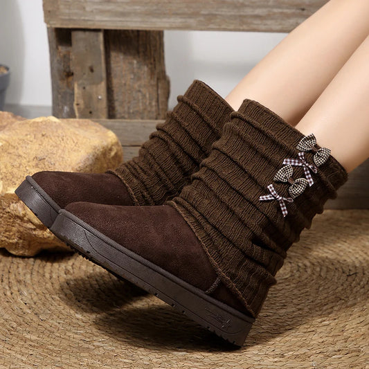 Vintage Bow Decor Thick Sole Snow Boots Women Faux Suede Knitted Platform Ankle Boots Woman Slip On Anti Slip Winter Booties