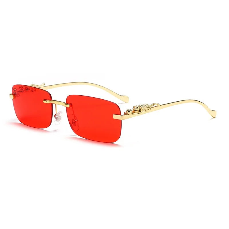 Rimless Square Fashion Fashion Glasses with Leopard Print Accents, Golden - Tone Metal Frame, Gradient Lenses