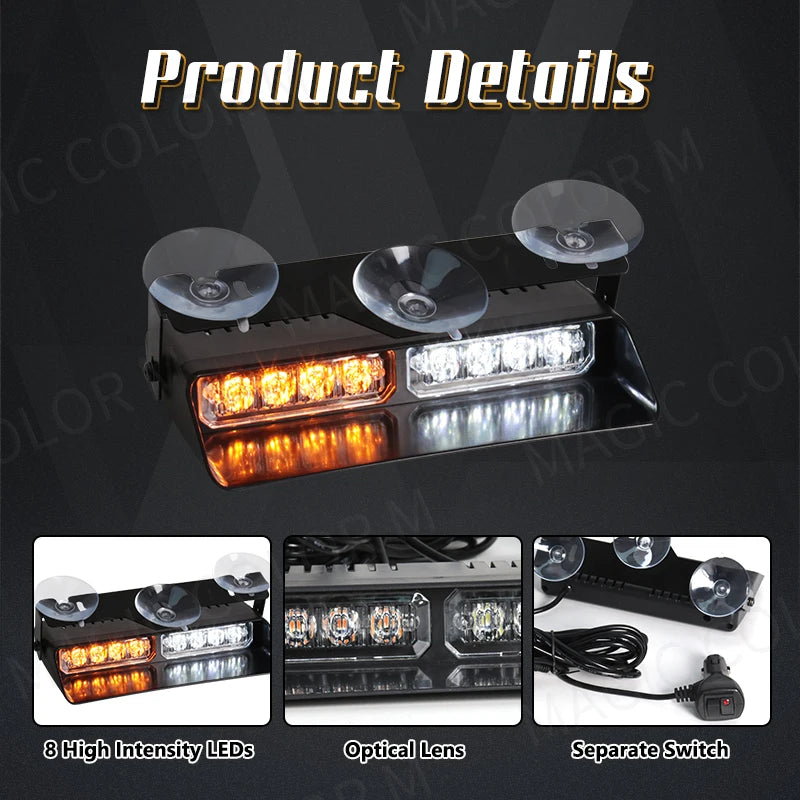 LED Car Strobe Light For Emergency Flash Warning Lamp Windshield Bar 8 Beads Red Blue Amber White Waterproof Auto Light Assembly