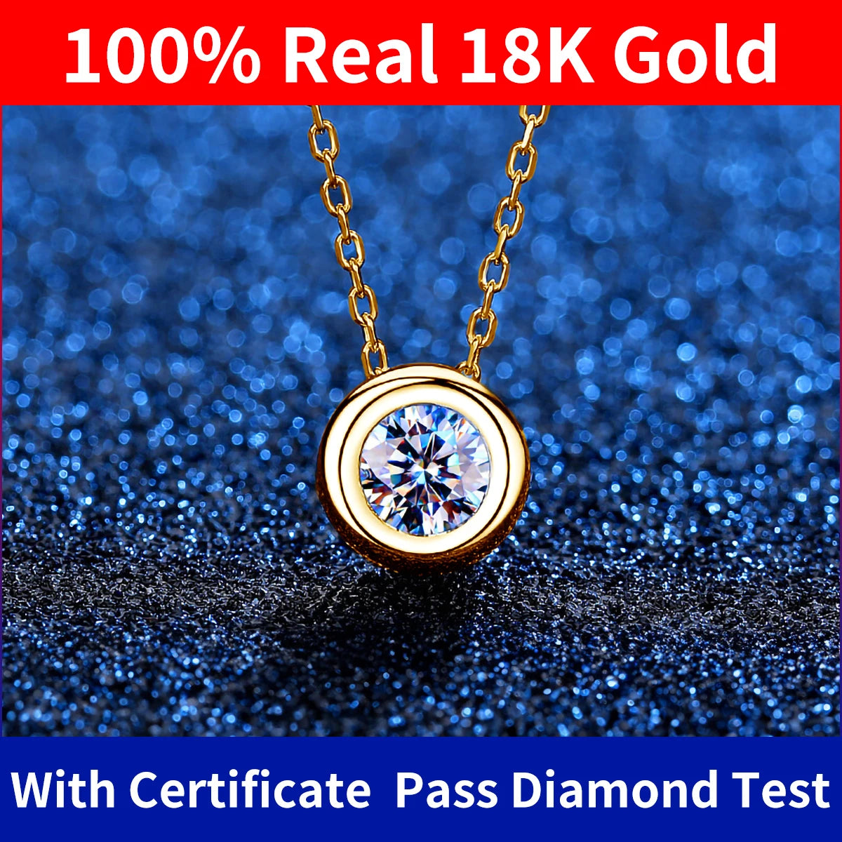 100% Real 18k Gold Necklace with Moissanite 0.5ct D Color VVS1 Certificated