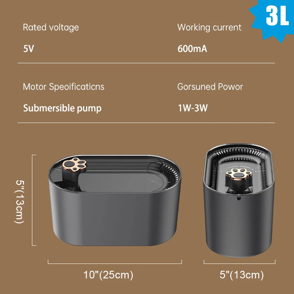 3L LED Light Ultra-Quiet Pets Water Fountain Smart Water Dispenser USB Electric