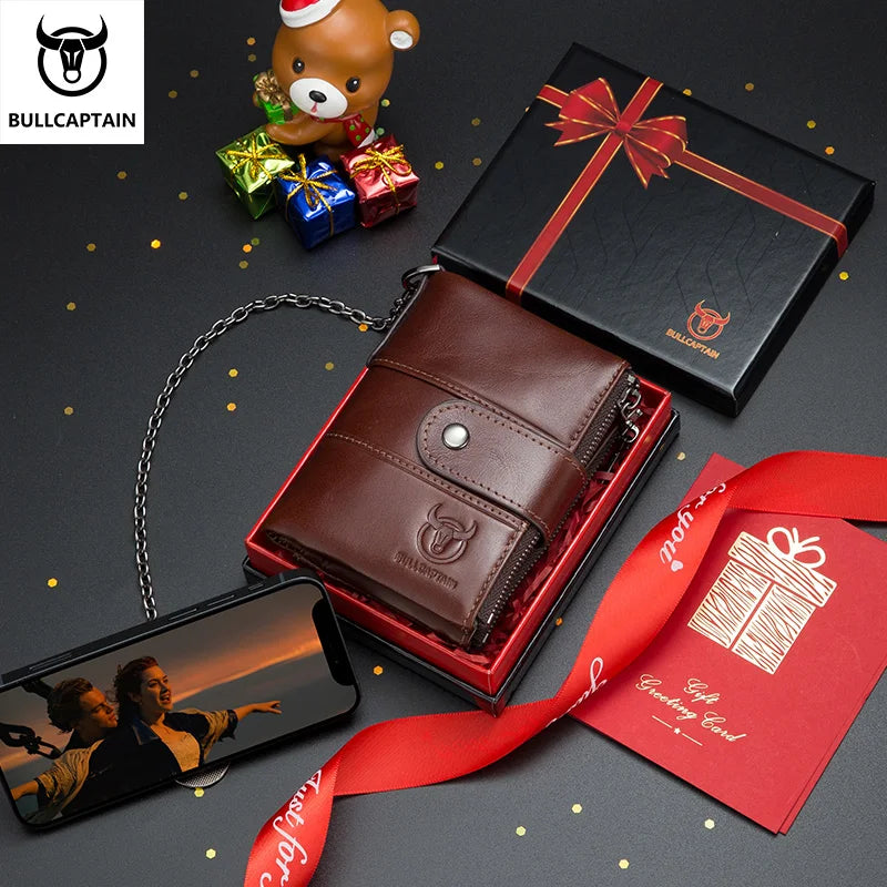 BULLCAPTAIN Men's Genuine Leather Wallet Rfid Function High Quality Leather Fashion Chain Multifunctional Men's Pocket Wallet