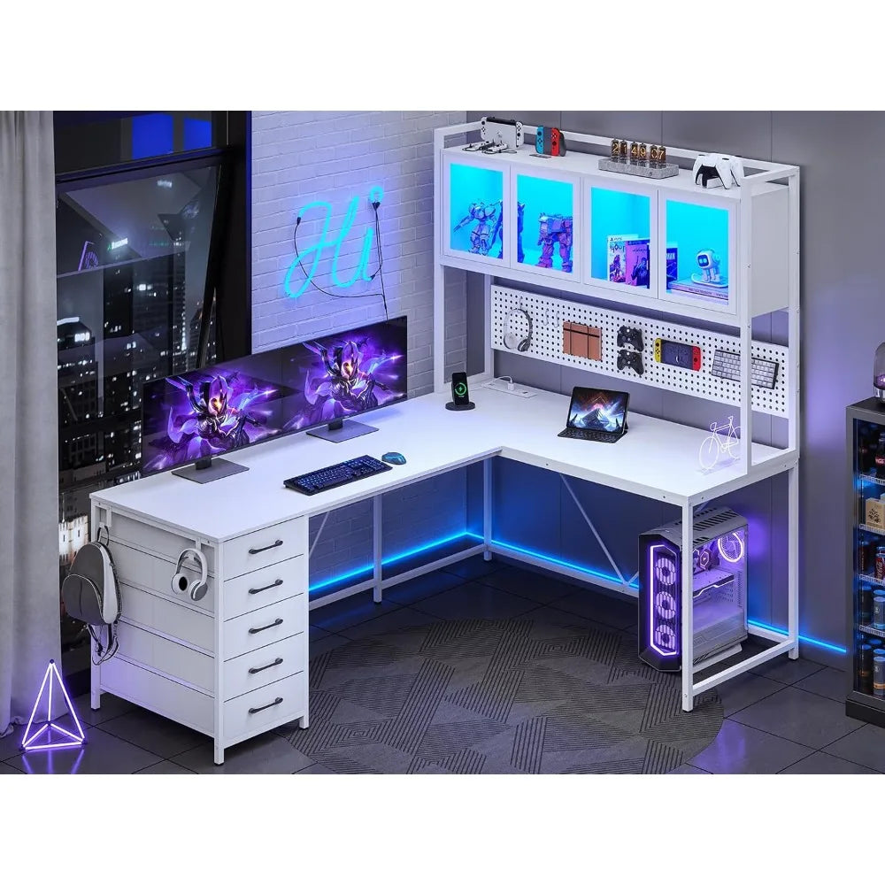 L Shaped Computer Desk w/ Storage Shelves, Gaming Desk, Led Lights &Power Outlet