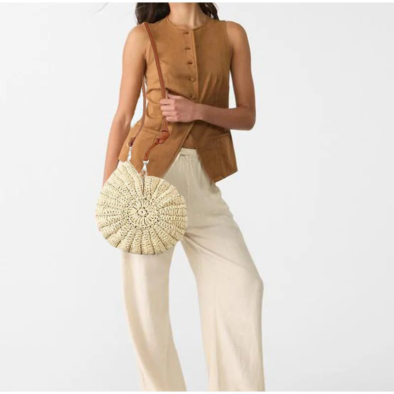 Beige Conch Knit Crossbody Shoulder Bag Pearl Chain Woven Women Classy Sling Bag