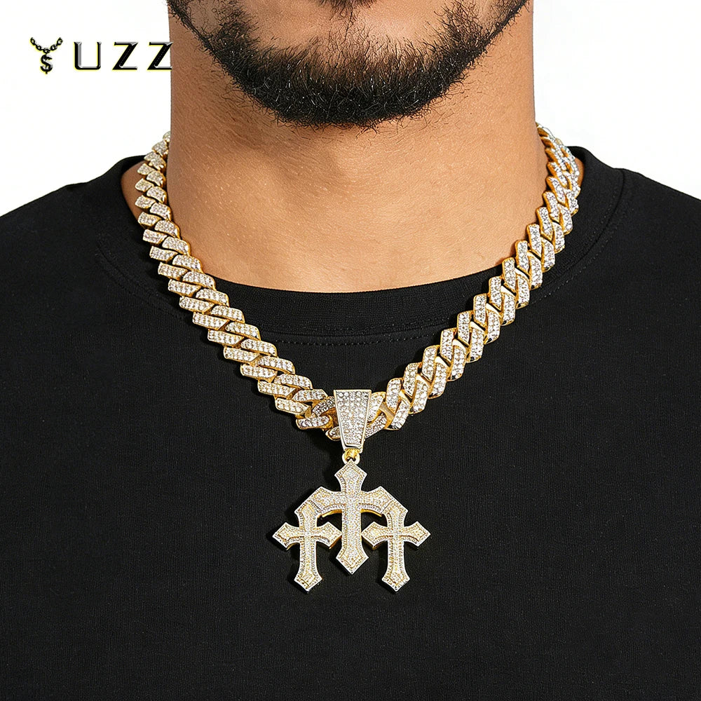 2026 New Men's Iced out Stacked Crosses Pendant Necklace Hip Hop Jewelry with exaggeration 13mm Cuban Chain Rhinestone Gift