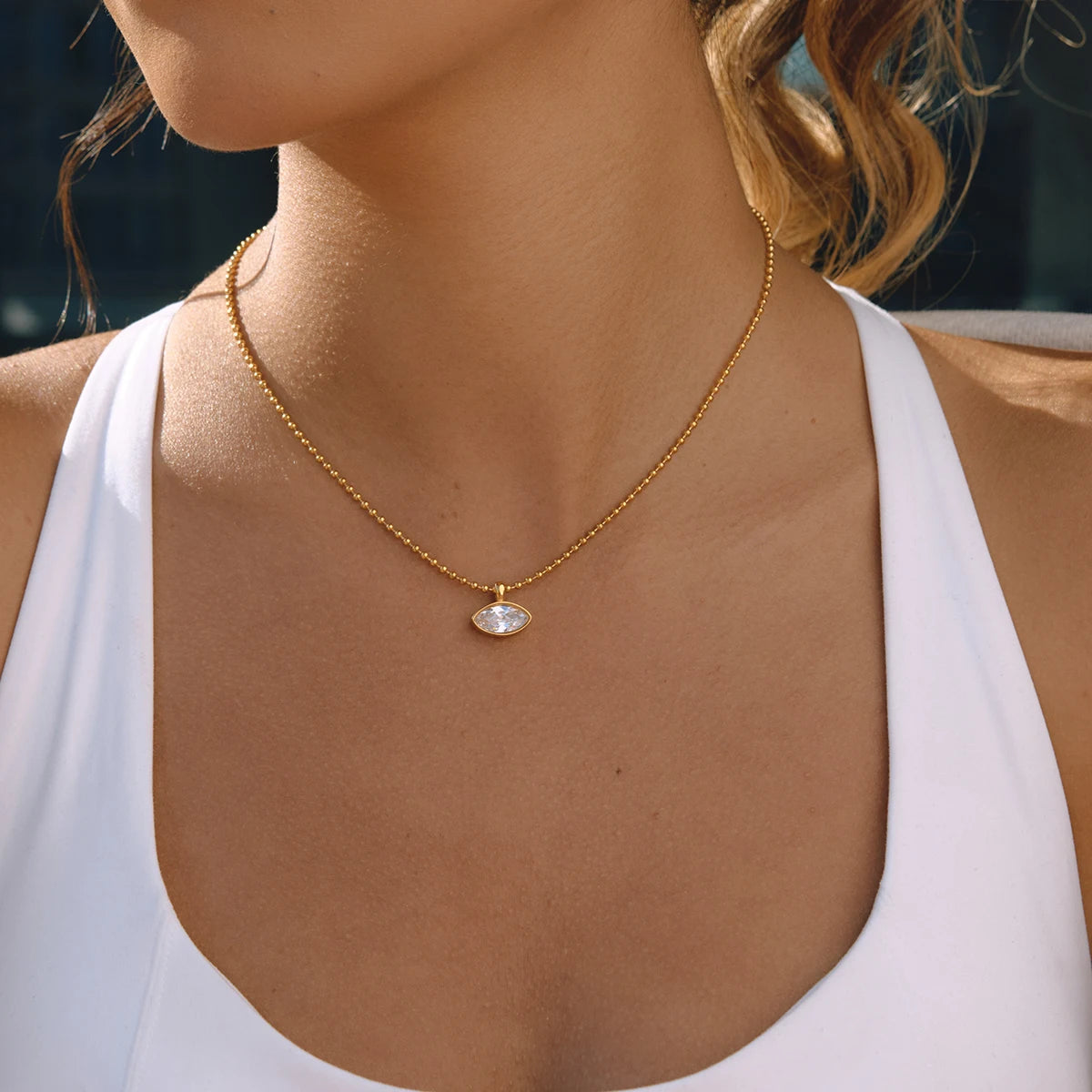 Uworld Classic Geometric waterdrop shape White Zircon Necklace With Bead Chain Women 18K Gold Plated Stainless Steel Necklaces
