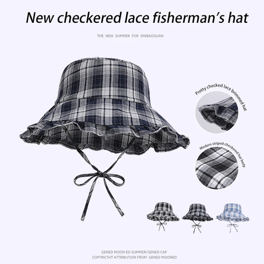 6154-New spring and summer style women's outdoor travel sun hat with laceandwidebrimforsunprotection.Retroandfashionablesstriped