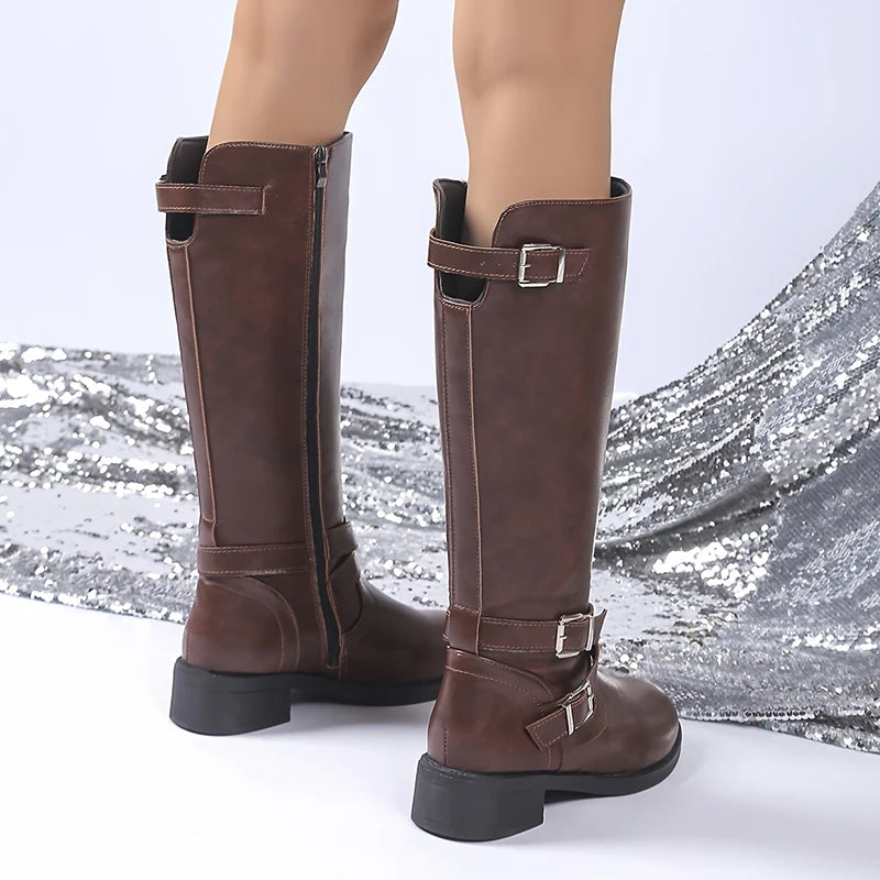 Black Pu Leather Riding Boots Women Fashion Buckle High Heels Knee High Boots Woman Autumn Winter Side Zipper Long Botas Mujer