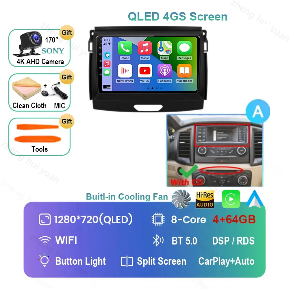 Android 16 CarPlay Auto For Ford Ranger 2015 - 2022 Car Radio Multimedia navigation video DVD Autoradio Stereo 2din 4G