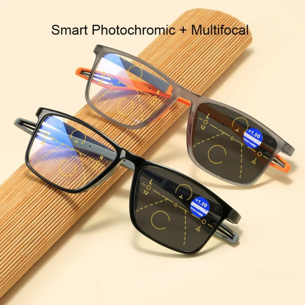 Photochromic Progressive Multifocal Reading Glasses Look Far and Near Eyeglasses Men Sport TR90 Frame Anti Blue Light Graded Eye